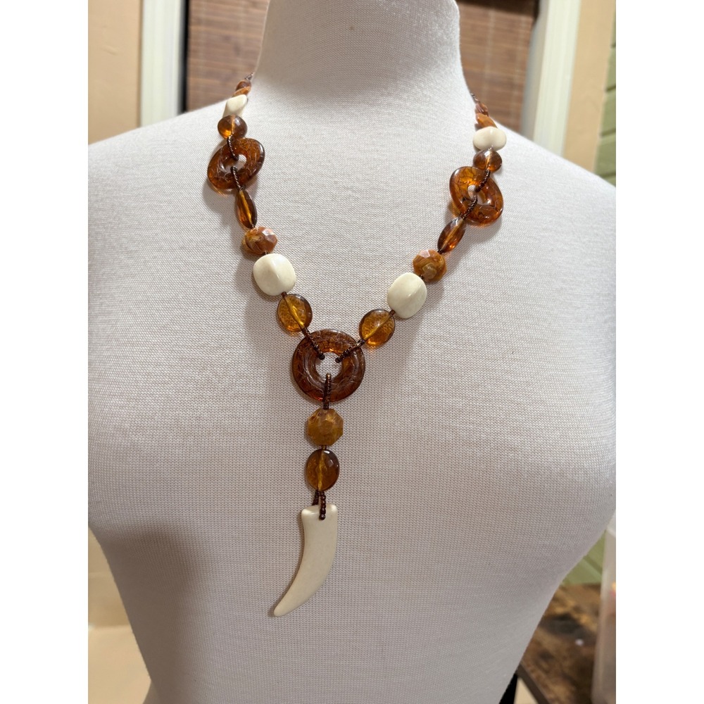 Beaded Statement Necklace Cream Tooth Fang Pendant Tribal Boho 22 Inch
